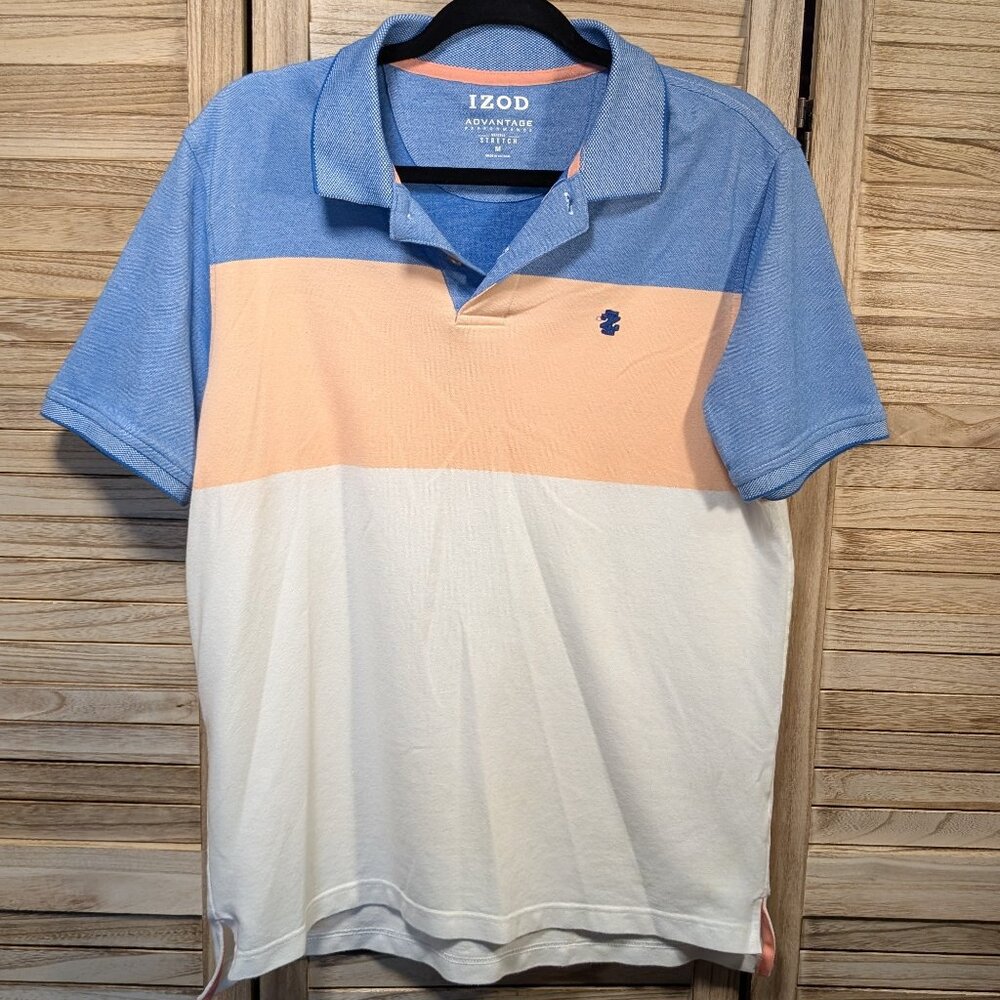 Izod Polo Advantage Performance Stretch Blue and Peach Color Block Medium